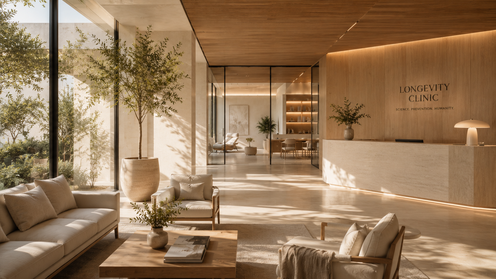 Premium longevity clinic with warm wood, glass and natural light