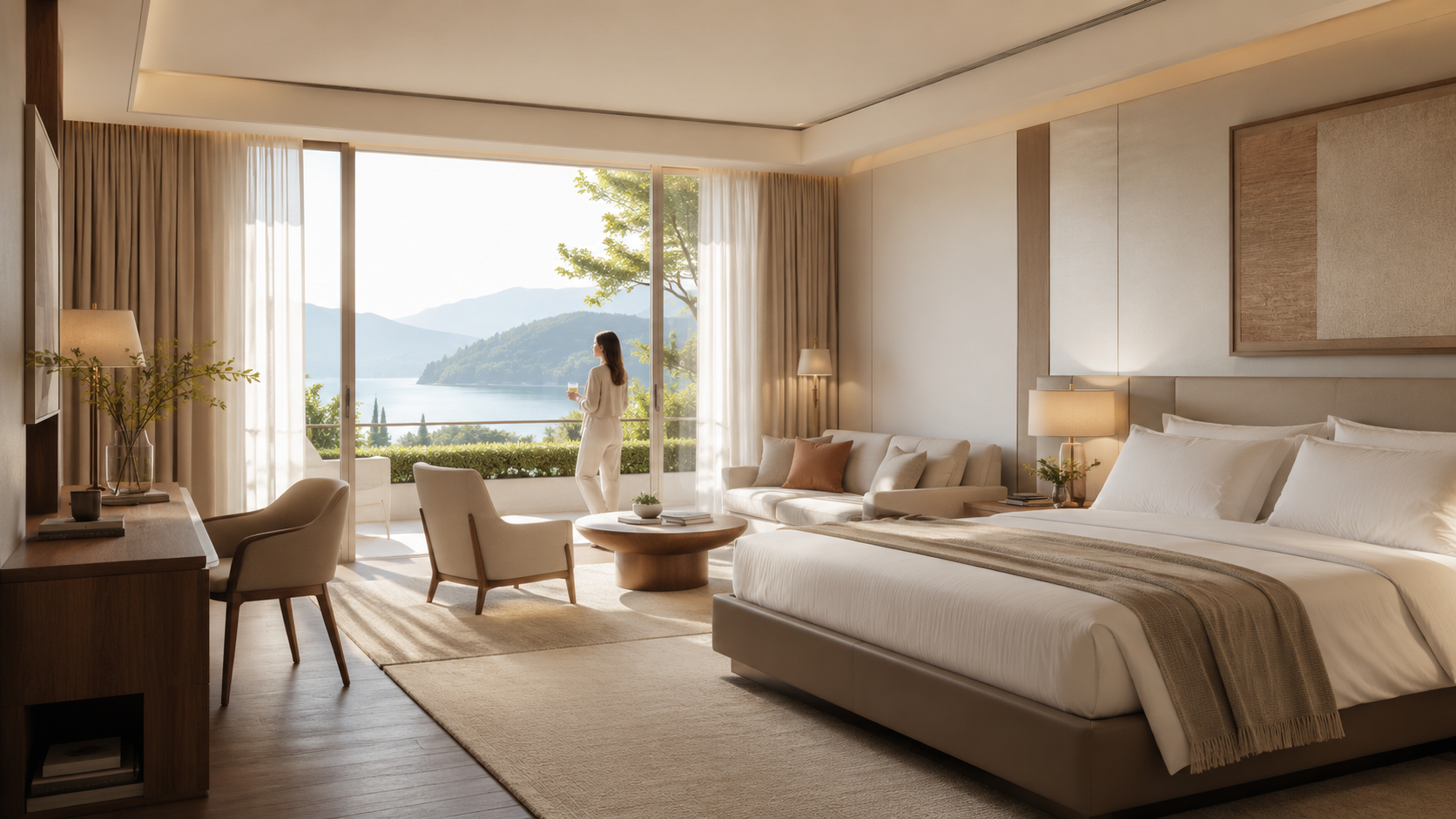 Elegant luxury hospitality suite filled with natural light
