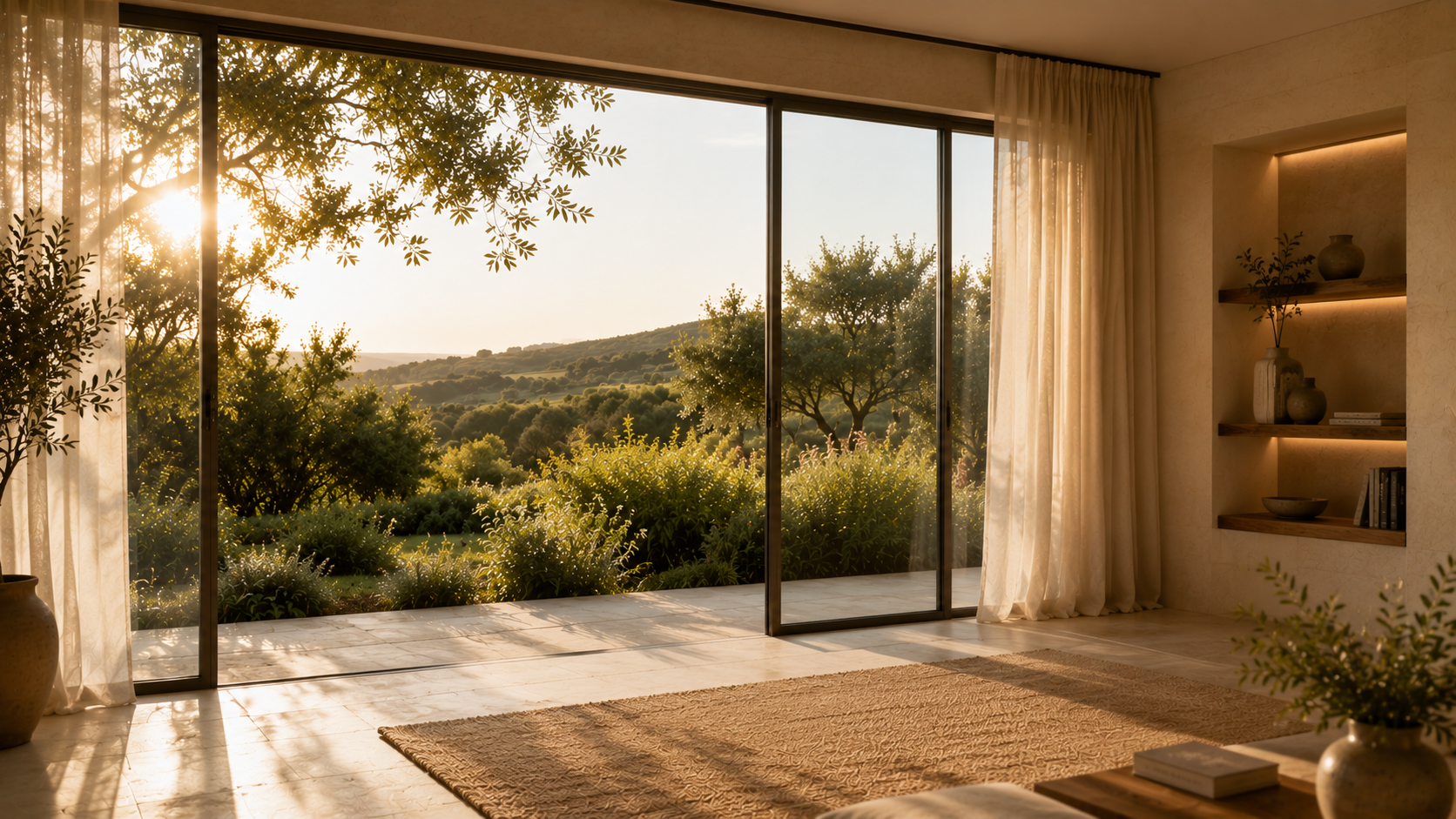 Private home environment surrounded by nature and warm natural light